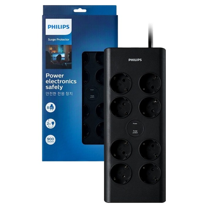 필립스 서지 프로텍트 멀티탭 8구, 2m, 블랙, 1개
