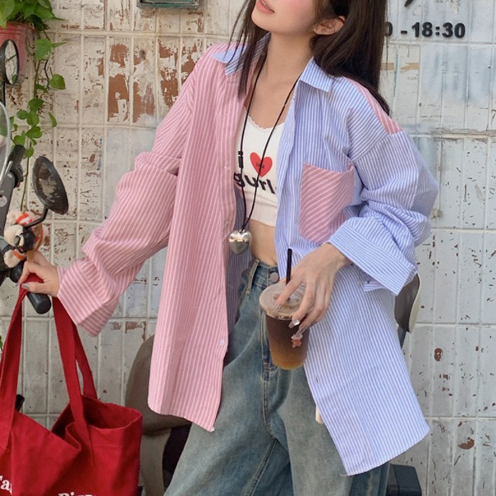 어썸풀 여성용 헤이리 컬러 매칭 스트라이프 셔츠 A25FST072114