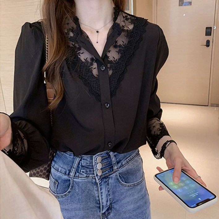 파라다이소 여성용 플라워 레이스 레이어 시크 셔츠