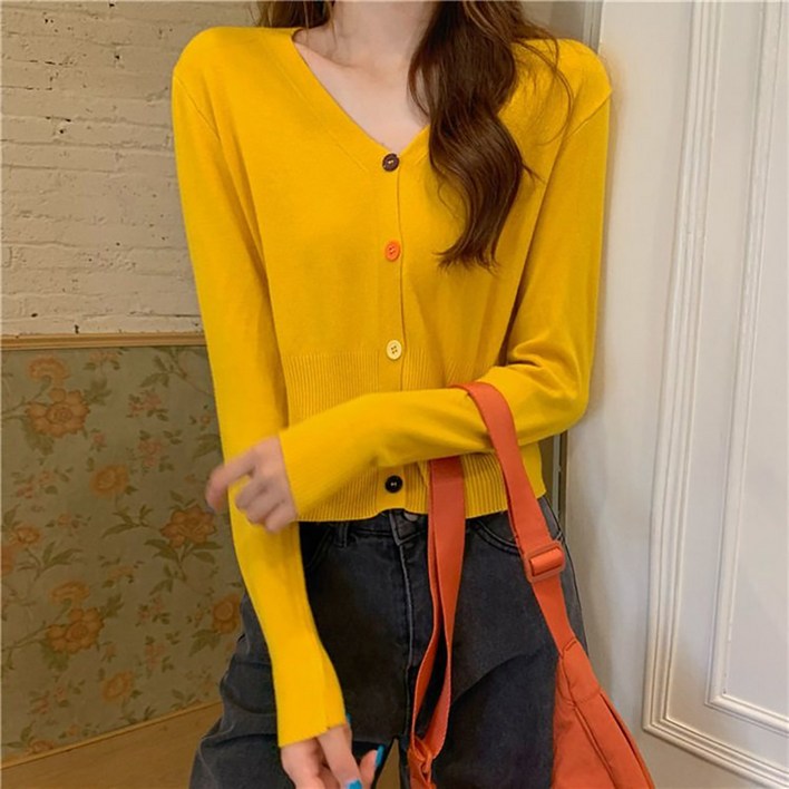 페이퍼먼츠 여성용 레보 컬러 브이넥 세미 크롭 가디건 13987