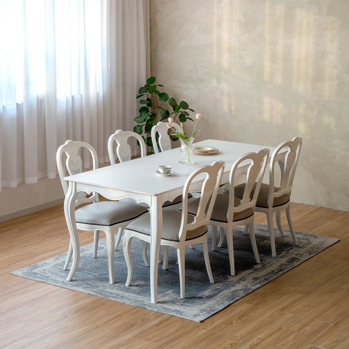 로사 프렌치 앤틱 6인용 세라믹 원목 식탁 봄베이 의자 세트, 로세 세라믹식탁의자6