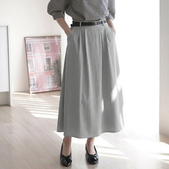 데일리앤 레인 벨트세트 뒷 밴딩 롱 플레어 핀턱 롱 스커트 봄 가을