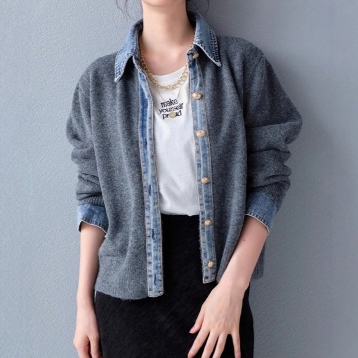 노나네 데님 레이어드 니트 남방 셔츠 포근한 겨울 아우터룩 5577프리사이즈