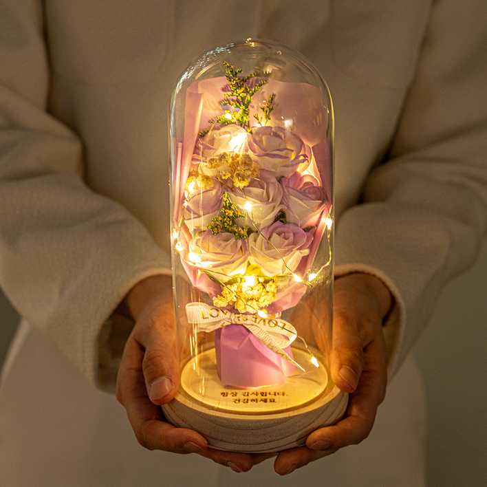 마음담은집 영생화 시들지 않는 유리돔 무드등 꽃다발, 오로라 퍼플