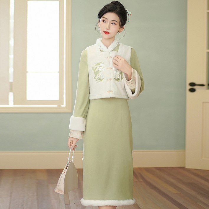 뉴 차이나 핑크 민국 세배복 개량 젊은 가을 겨울 조끼 젊은 원피스