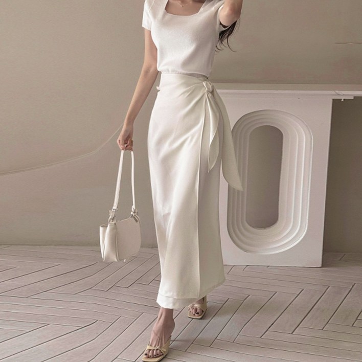 떳다그녀 럭시 매듭 리본 언발 사이드 랩치마 하객룩 데이트룩 로맨틱 봄 가을 스판 롱스커트