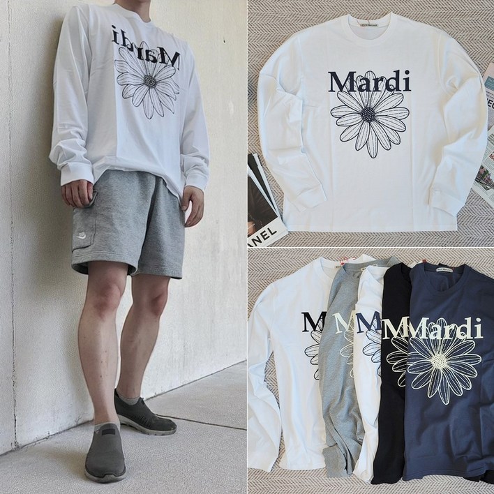 마르디메크르디 플라워 긴팔 남성 여성 오버핏 빅사이즈 티셔츠 화이트 네이비