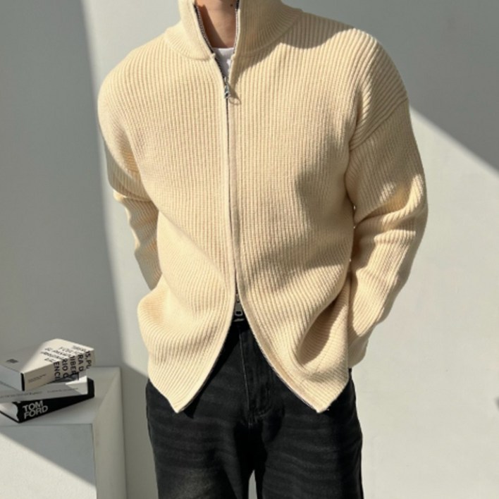 고즈웰컴퍼니 어깨넓어보이는 남성 두툼한 투웨이 하이넥 니트 집업 가디건 스웨터