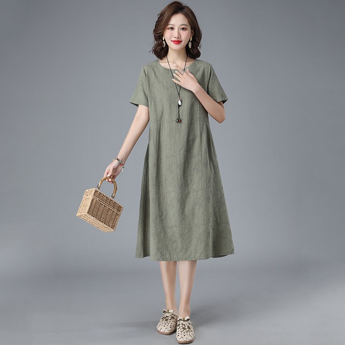 POMTOR 여성 라운드넥 Zacar 반팔 면마 자카르 린넨  롱 원피스