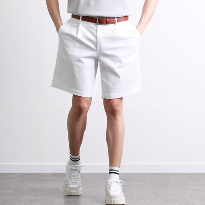 투뎃 남성용 빅사이즈 고급 댄디 핀턱 와이드 면 반바지