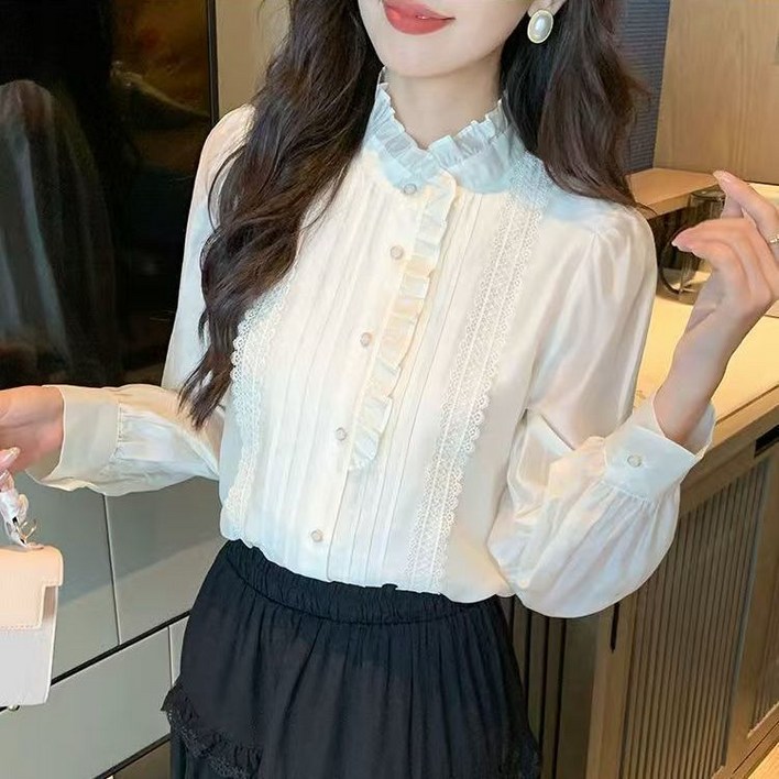COSYEVNO 여성 봄가을 셔츠 레이스 장식 러플 넥 버튼 CXJv-01