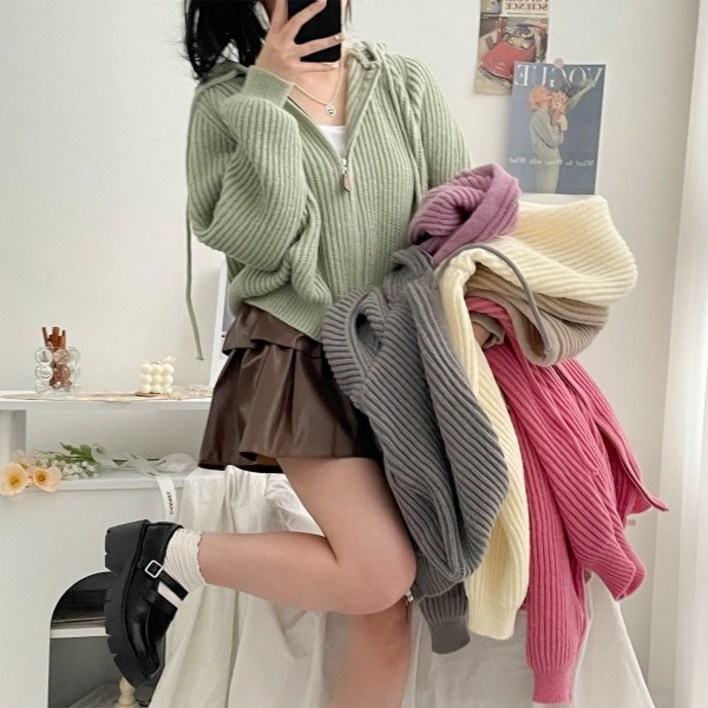 입꼬 몽실 도톰 벌룬 후드 니트집업6color