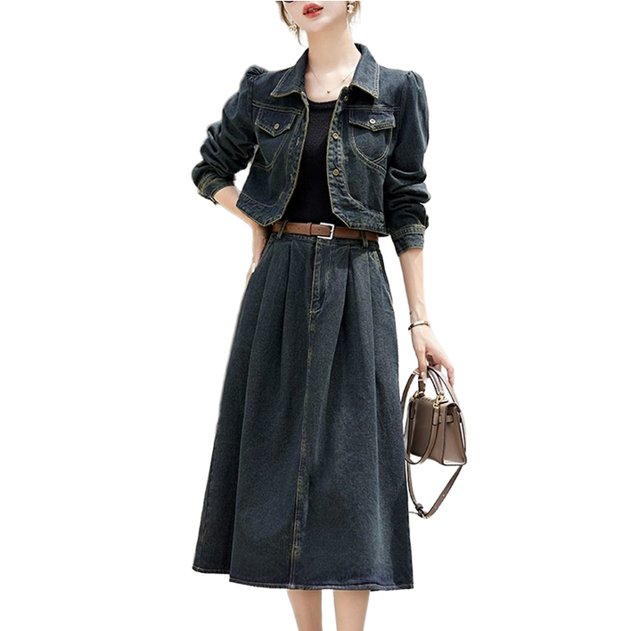 셀럽당   여성 봄가을 패션 데님 세트 긴팔 하프코트 하프 스커트 투피스  E03432LI