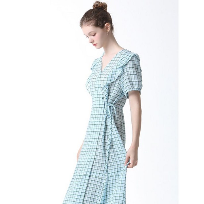 리스트 체크 프릴 브이넥 원피스  택가격  268000원