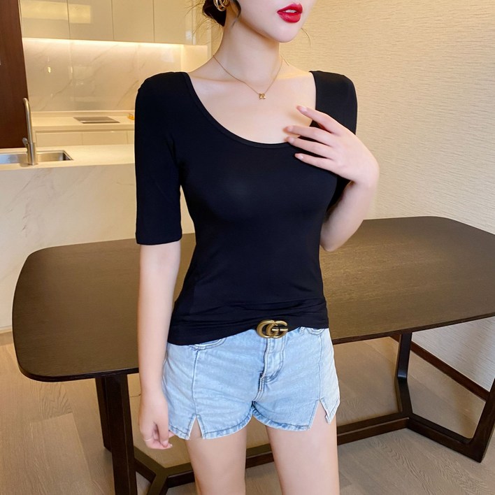 여성 앞뒤 U넥 슬림핏 반팔 티셔츠 T-08