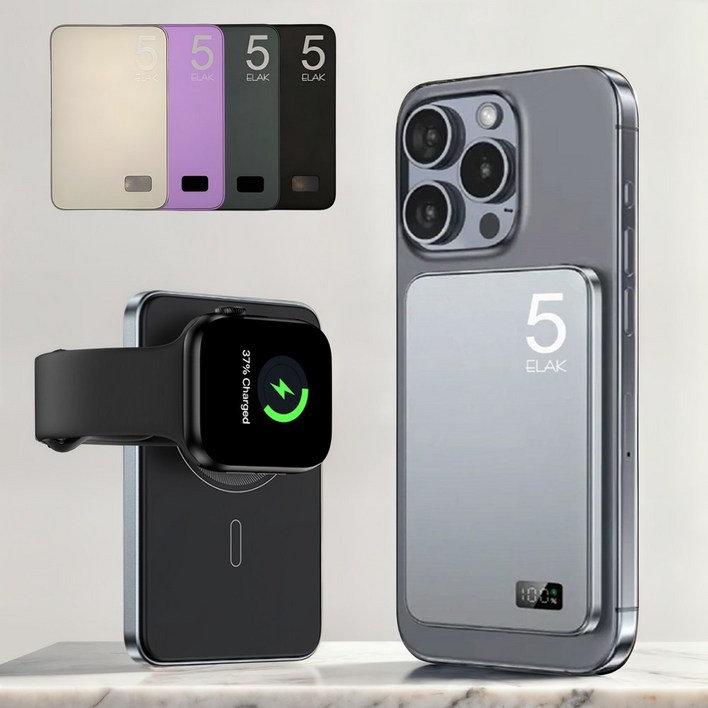 엘락 3in1 초슬림 초경량 무선 자석 맥세이프 고속 충전 5000mAh 보조배터리 에어팟충전 애플워치충전, 티타늄 블랙 엘락 3in1 초슬림 초경량 무선 자석 맥세이프 고속 충전 5000mAh 보조배터리 에어팟충전 애플워치충전, 티타늄 블랙