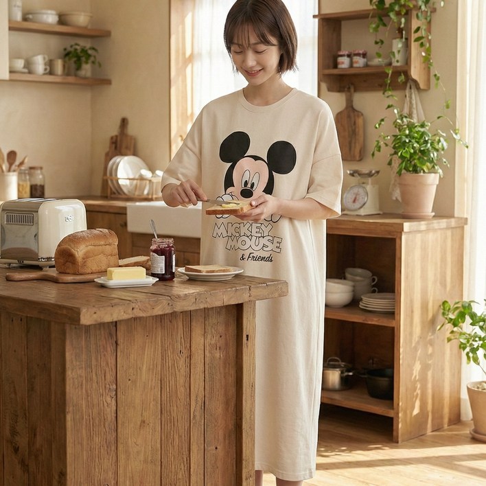 디즈니 빼꼼미키 원피스 여성 반팔 박시 롱 홈원피스