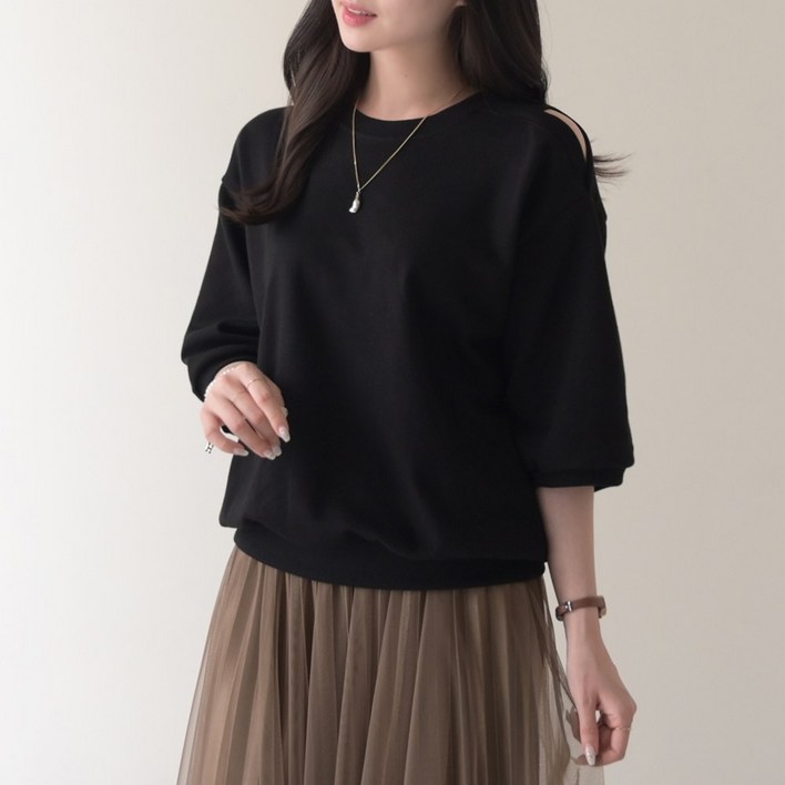 데일리앤 캔디 어깨 트임 5부 반팔 맨투맨 무지 여성 세미 크롭 티셔츠 봄 여름 가을