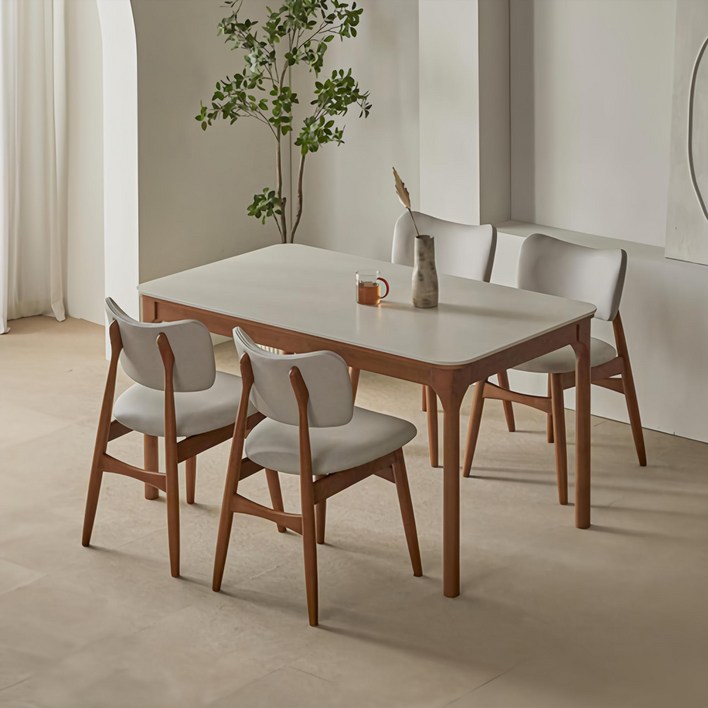 파로마 채튼A 통세라믹 원목식탁 의자세트 4인 방문설치, 베이지상판월넛원목, 일반의자 4