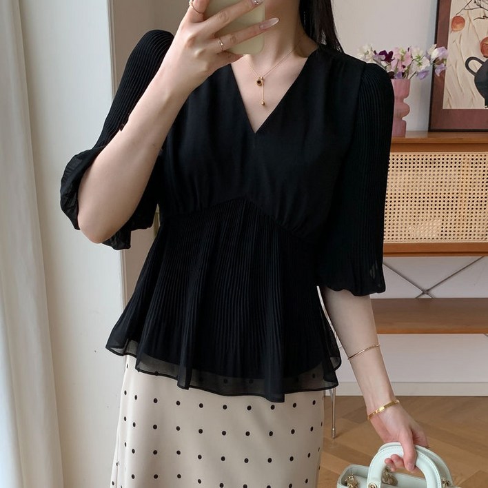 루스리더 여성 브이넥 반팔 블라우스 EZ12