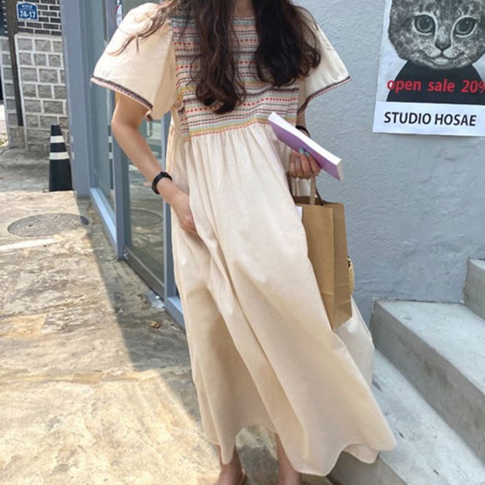 C.ONLIE SHOP보헤미안 인디 스티치 자수 반팔 원피스 휴양지 바캉 원피스 하객룩 하객원피스