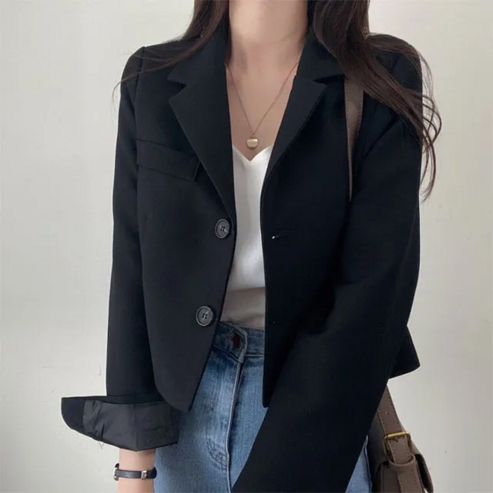 쪼예 봄 가을 베이직 투버튼 세미 정장 크롭 블레이저 자켓