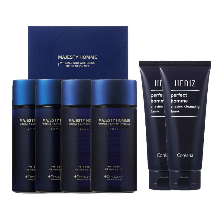 중년남성면도피부 진정주름탄력 미백 개선 마제스티 옴므 링클 앤 화이트닝 스킨로션 세트 코리아나 쉐이빙 클렌징 폼 모공 피지 각질 케어, 2세트