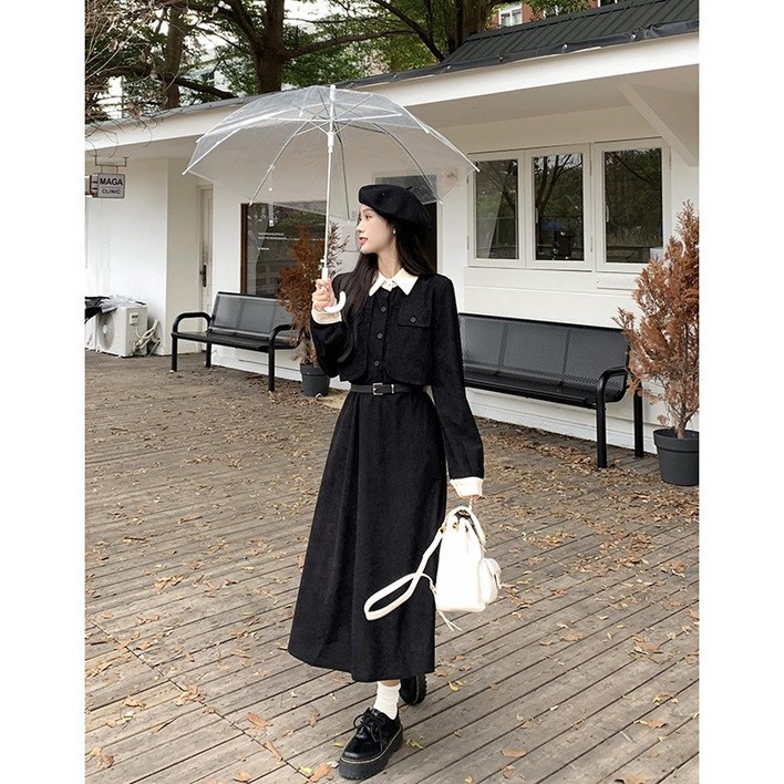 ANYOU 빅사이즈 여성 긴팔 원피스 코듀로이 롱원피스 결혼식 하객룩 패션 데일리룩 오피스룩