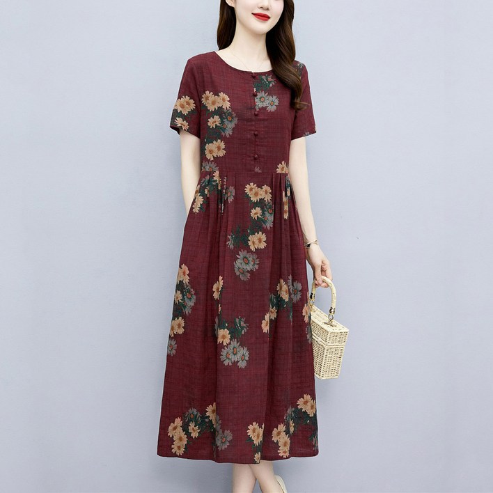 Skyciky린넨원피스 여 여름 신상 빈티지 중년 엄마 기질이 배를 가리고 날씬해 보이는 빅사이즈 플라워 스커트NN232