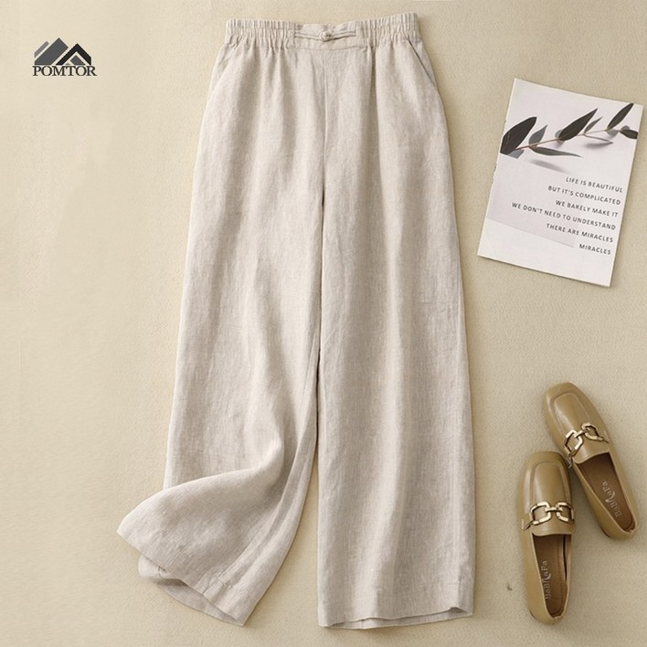 POMTOR 여성 여름 린넨 와이드 팬츠 밴딩 바지 데일리룩 린넨 통바지