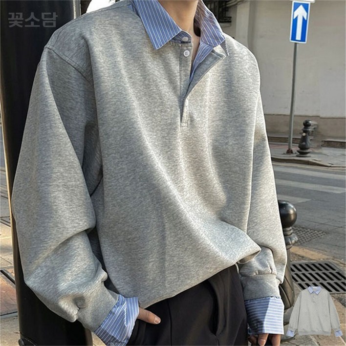 꽃소담 남자 오버핏 캐주얼 맨투맨 긴팔 카라넥 티셔츠