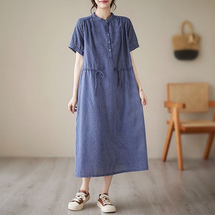 IWMAFT 여성용 여름 캐주얼 스트라이프 원피스 반팔 루즈핏TY316