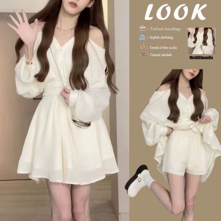 루나모드 오프숄더 디자인 여름용 블라우스 숏팬츠 내장 원피스 세트K0064