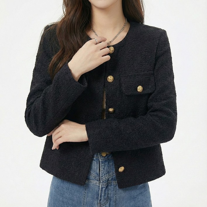 UPPERCUT 자체제작 여성 라운드넥 클래식 긴팔 트위드 자켓 빅사이즈