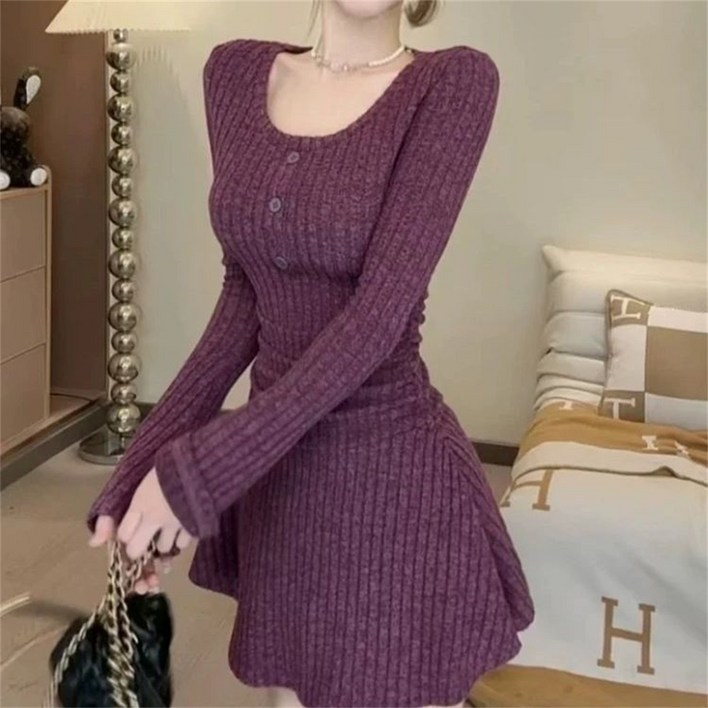 TKX 여성 니트 원피스 가을 겨울 따뜻한 긴팔 슬림핏 A라인 미니 드레스 K92