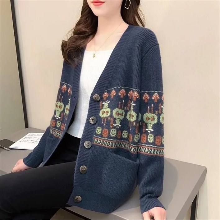 Vezri 여성용 가을 겨울 프린트 니트 가디건 포켓있는 디자인