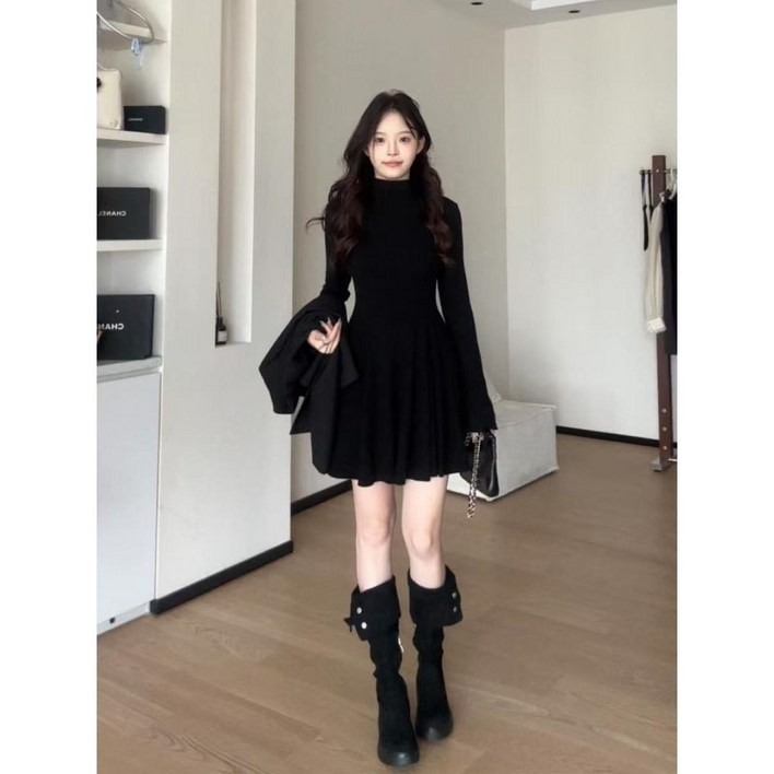 ANYOU 하이넥 니트 원피스 봄가을 고급감 슬림핏 이너 데이트룩 오피스룩