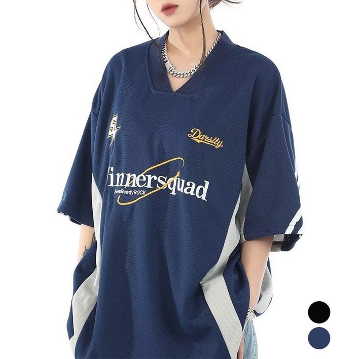 메이리앤 블록코어 유니폼 져지 오버핏 브이넥 반팔 티셔츠