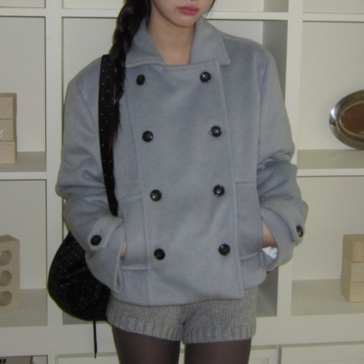 체인지쉬(change she) 여성 클래식 더블 단추  심플 모직 숏 코트