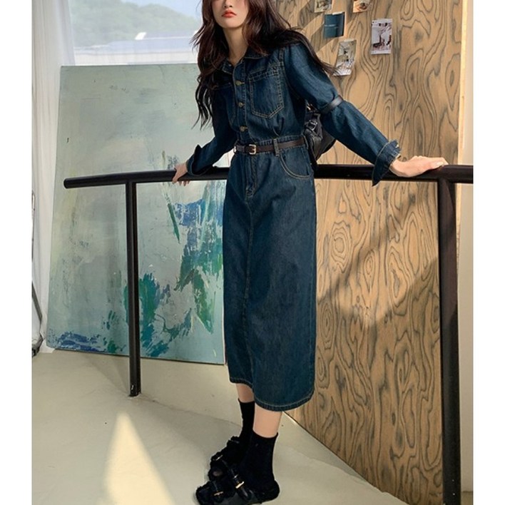 우아글로벌 봄가을 빈티지 벨트 진청 데님원피스 우아글로벌 봄가을 빈티지 벨트 진청 데님원피스