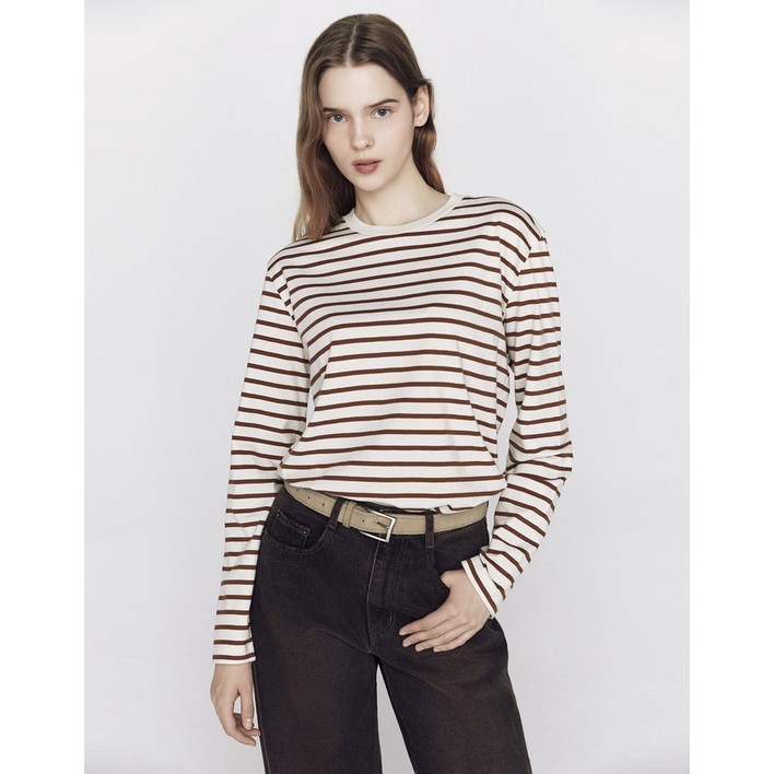 지오다노NEW 여자 베이직 스트라이프 라운드넥 긴팔 티셔츠05355913