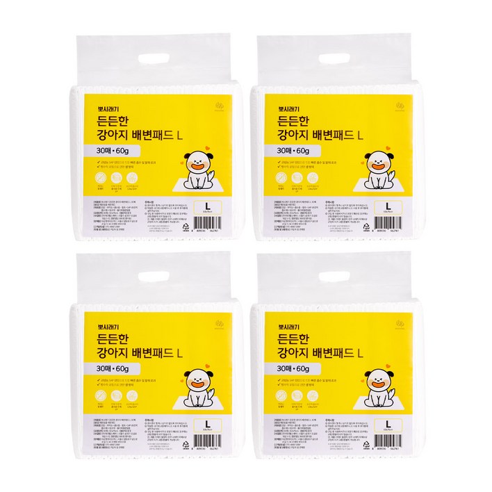 뽀시래기 든든한 강아지 배변패드 대형 L 120매 75x60 반려견 애견 패드, 30개입, 4개