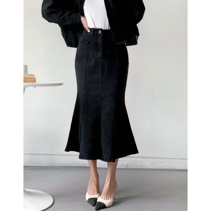 마켓제이MARKETJ라지까지출시 이너밴딩 데님 머메이드스커트