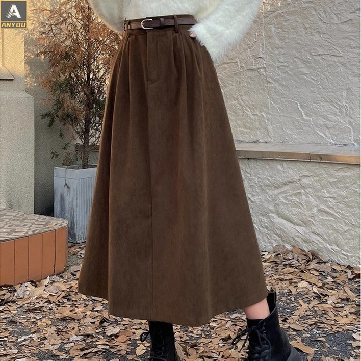 ANYOU 모직 스커트 코듀로이 스커트 가을 겨울 치마 롱 스커트  데일리베이직 스커트