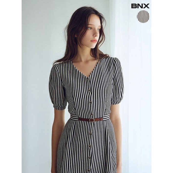 BNX 여성 브이넥 스트라이프 반팔 벨트 원피스