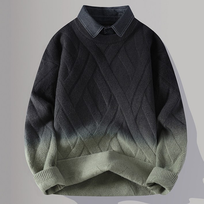 미중 남성 추동 뉴 셔츠칼라 그러데이션 투인원 니트 두꺼운 따듯한 캐주얼 스웨터 cy