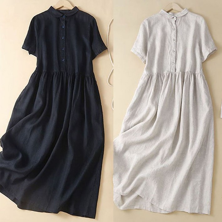 여성 시원한 편안 린넨 소재 오버핏 A라인 롱 원피스 카라넥 기질 중년여성 활동적 일상 반팔원피스