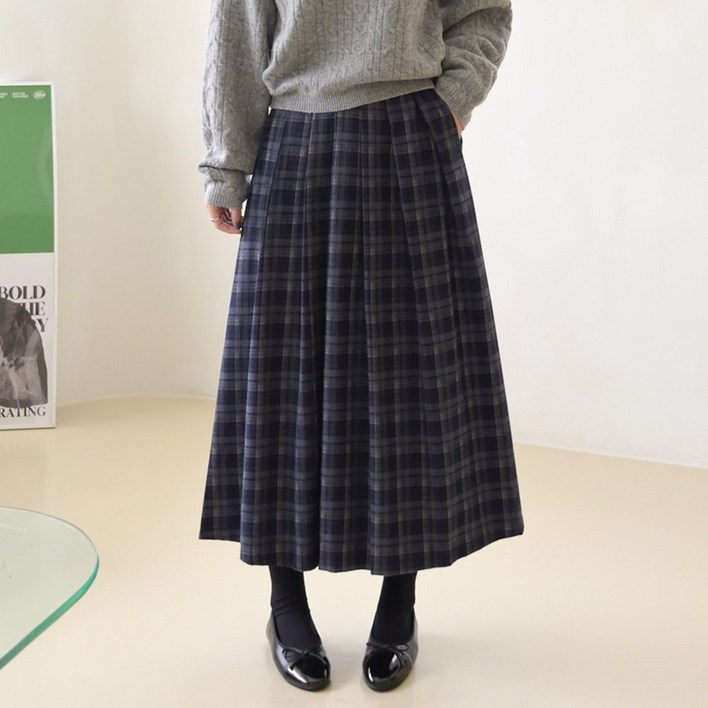 데일리앤 에일 체크 플리츠 울 모직 롱 스커트 밴딩 플레어 주름 치마 봄 가을 겨울