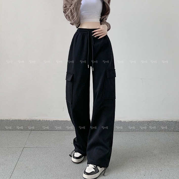 바이일이오 여성 일자핏, 조거 스타일 와이드 카고 밴딩 트레이닝 팬츠 S~XL