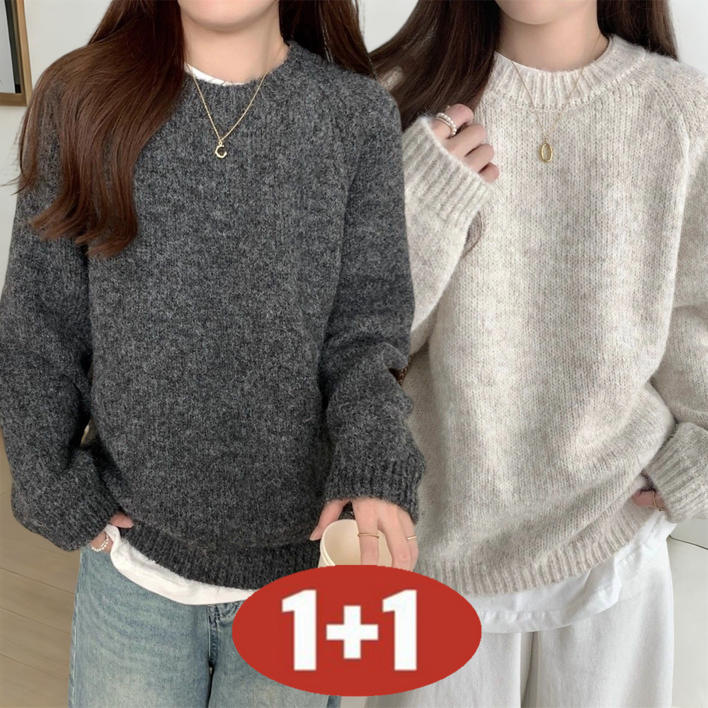 오스틱니 2025 11 여성용 가을겨을 캐주얼 단색 날씬해 보이는 루즈핏 라운드넥 긴팔티 니트